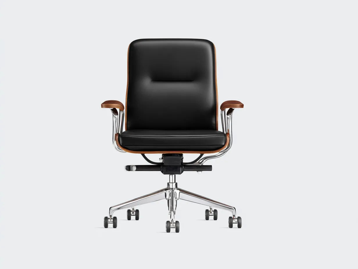 Silla de oficina tapizada en símil piel 68x67x112 cm - negro y nogal y cromo - con ruedas y reposabrazos de madera