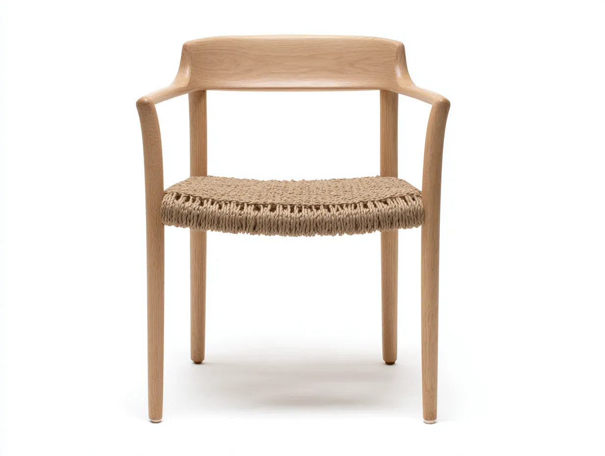 Silla de comedor de madera con asiento de cuerda 58x56x78 cm - natural y beige - respaldo curvo con brazos