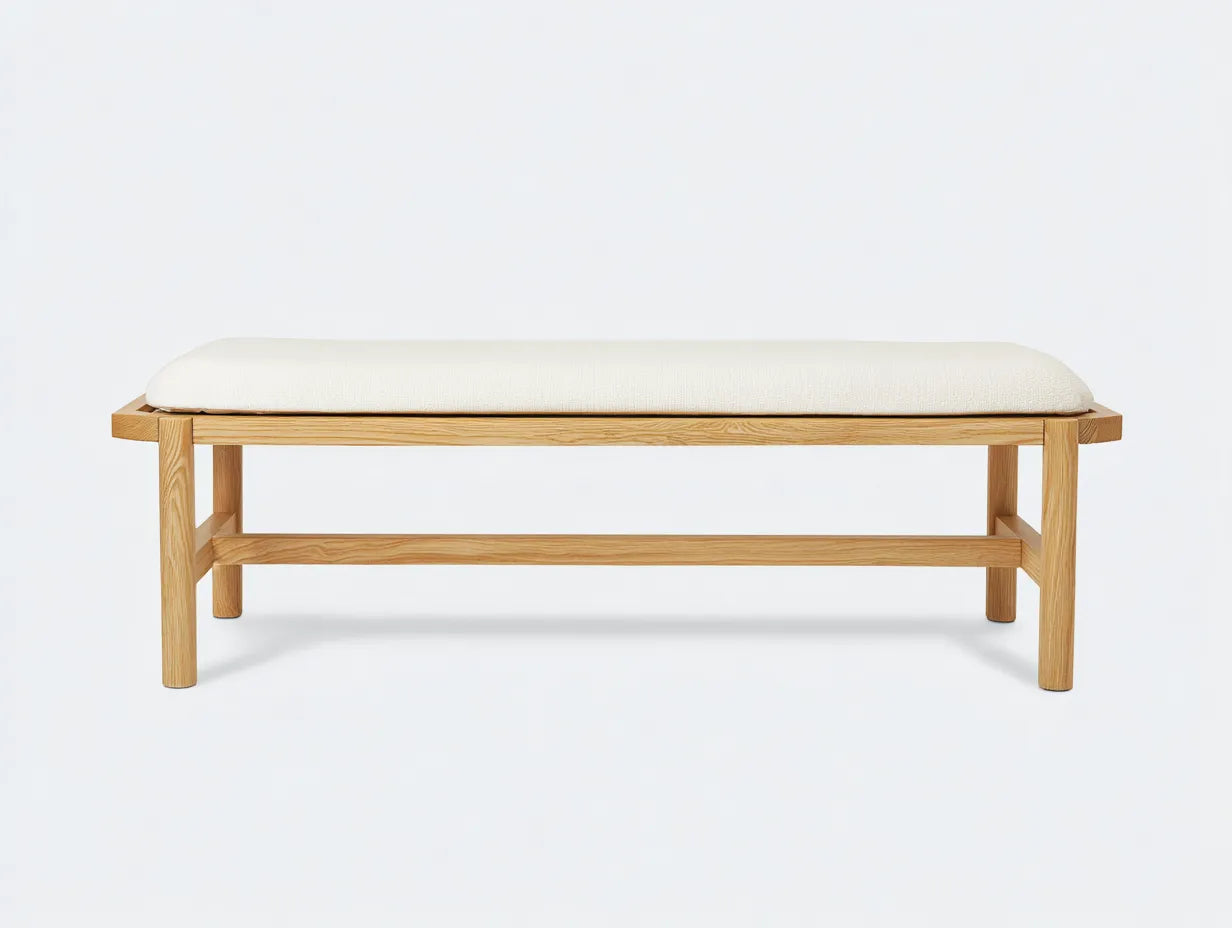 Banco de madera clara con asiento tapizado 150x42x48 cm - crema y madera natural - para dormitorio