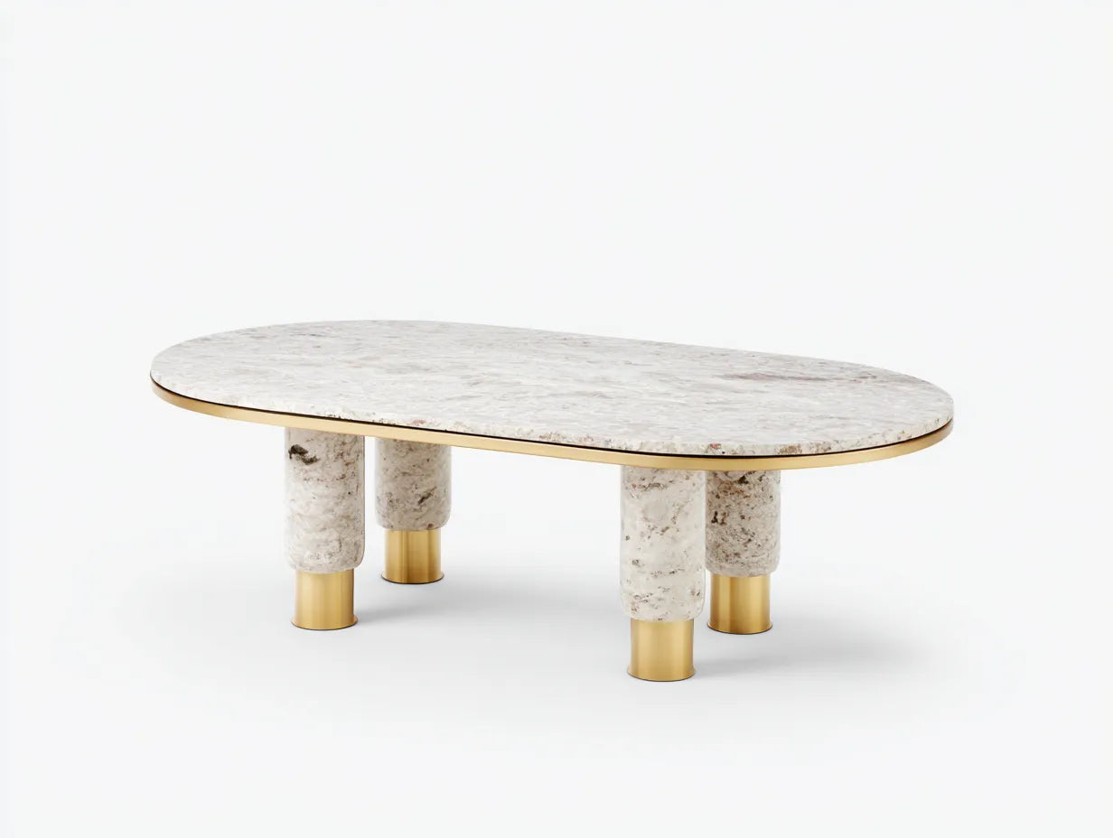 Mesa de centro ovalada mármol beige con base dorada 128x68x40 cm crema elegante salón