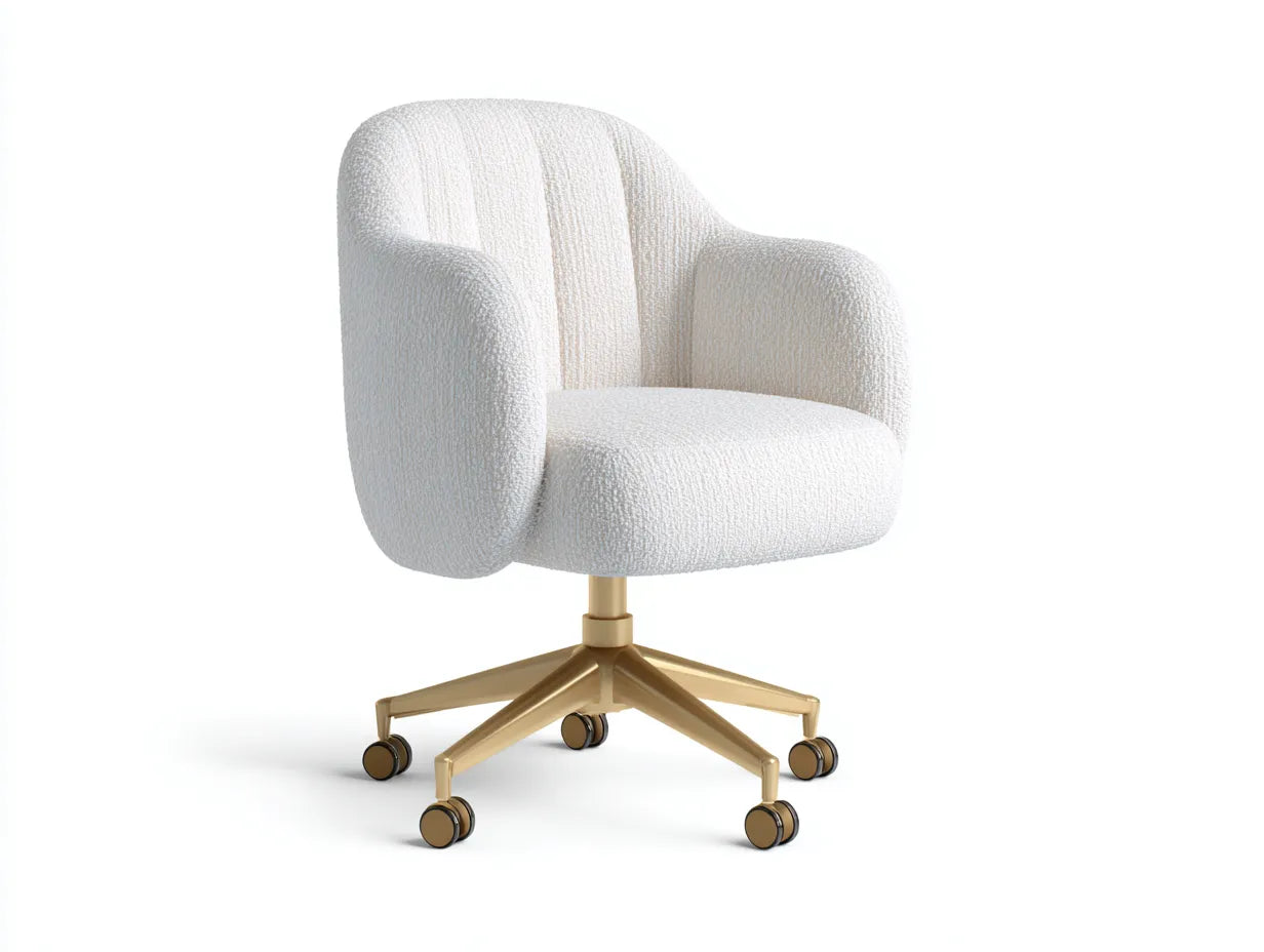 Silla de oficina curva de borreguito 64x62x89 cm - blanco y dorado y negro - con base giratoria y ruedas