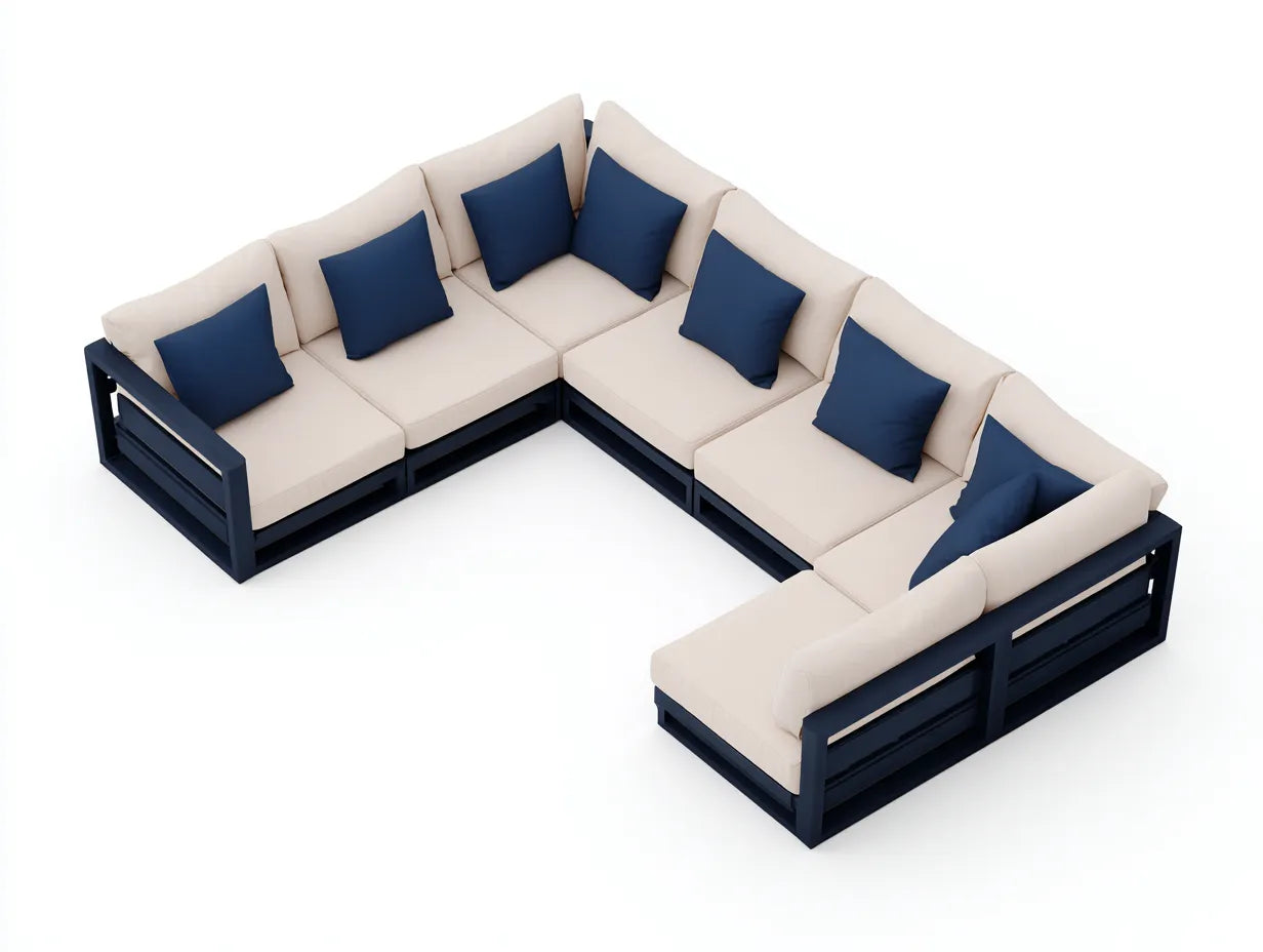 Sofá esquinero de exterior metal 312x238x78 cm - beige y azul marino - con chaise