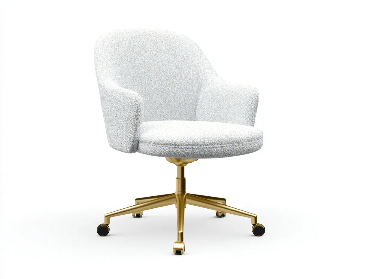 Silla de oficina envolvente de borreguito 65x63x90 cm - blanco y dorado y negro - con ruedas para despacho