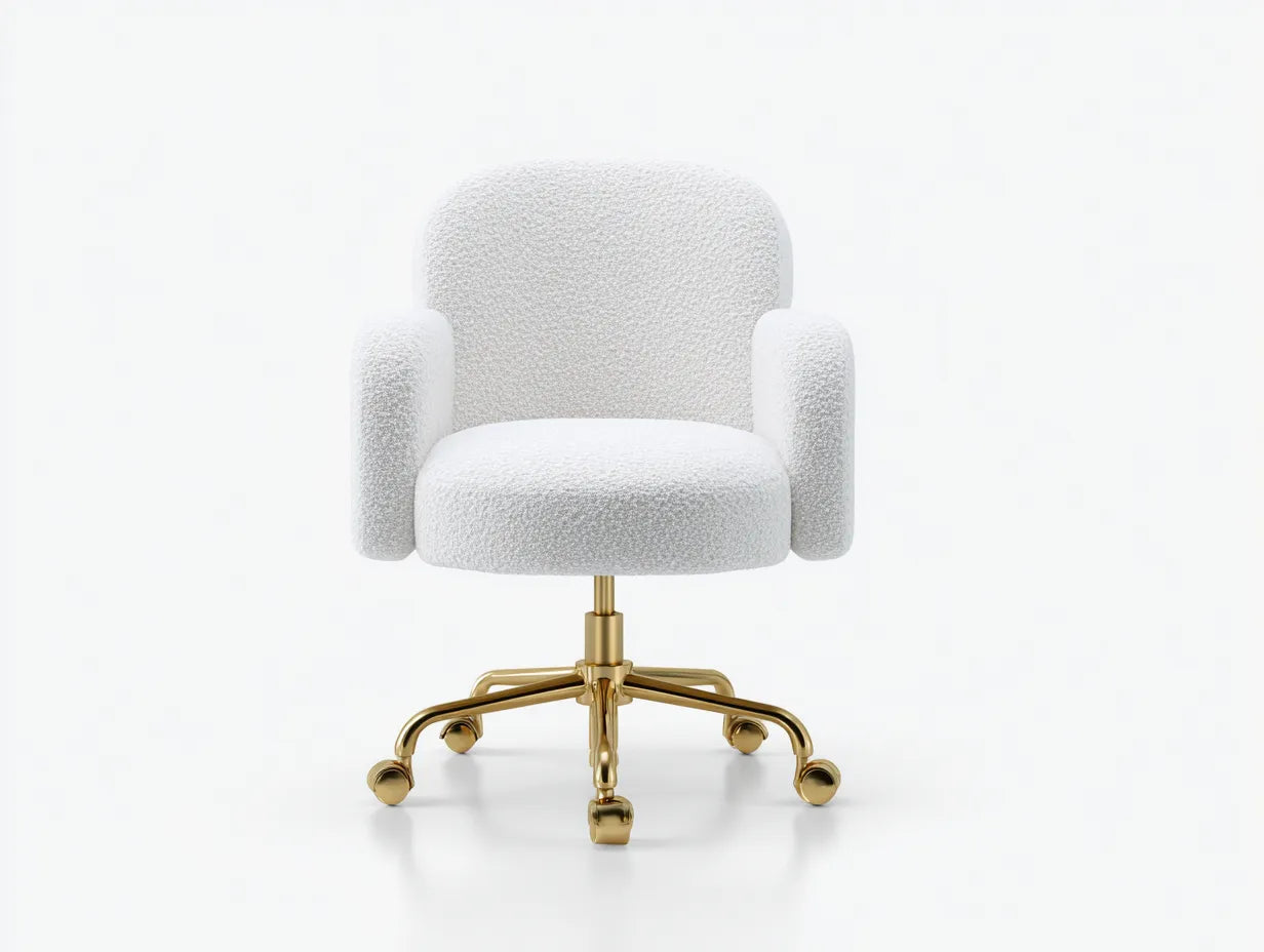 Silla de oficina de borreguito 65x63x88 cm - blanco y dorado y negro - giratoria con brazos y ruedas