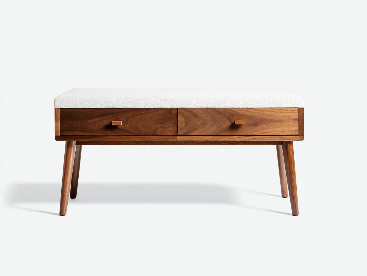 Banco de madera nogal con asiento tapizado 125x43x50 cm - crema y nogal - cajones integrados para dormitorio