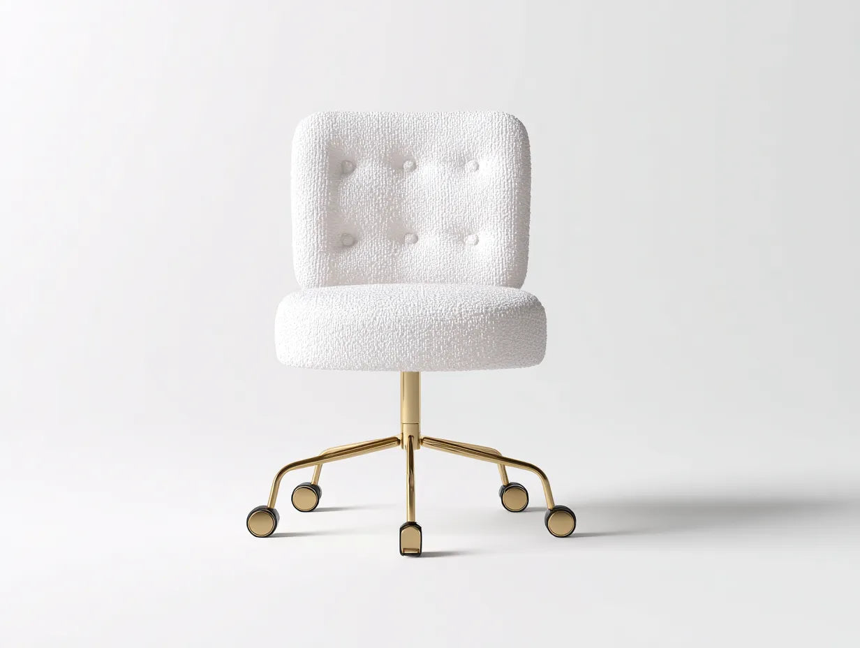 Silla de oficina de borreguito 60x58x86 cm - blanco y dorado y negro - respaldo capitoné con ruedas