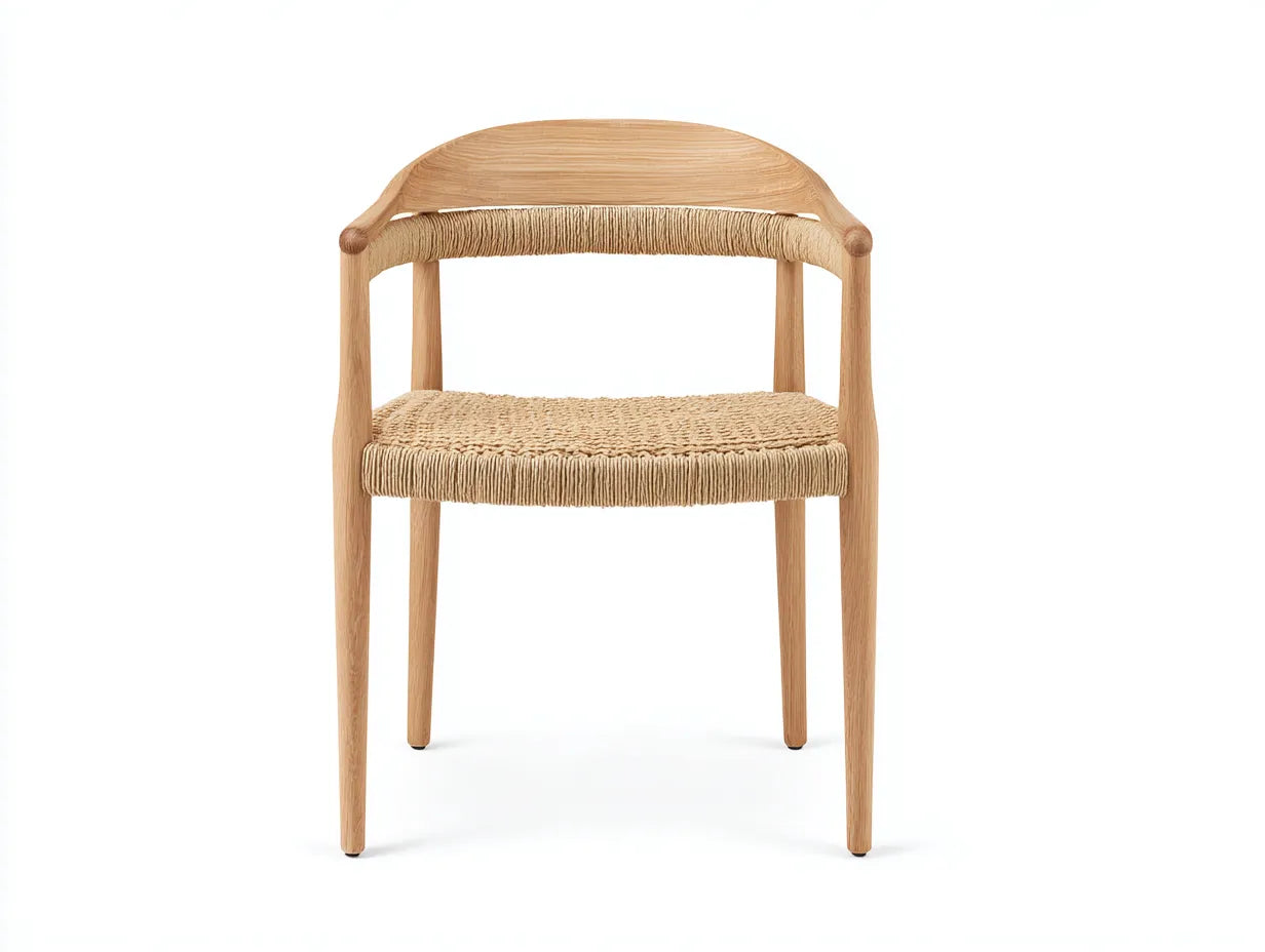Silla de comedor de madera y asiento tejido 57x56x77 cm - roble claro y beige - respaldo envolvente para comedor