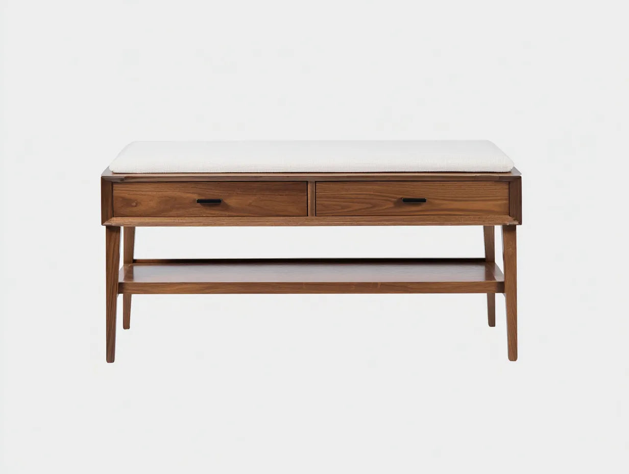 Banco tapizado de madera nogal 126x42x49 cm - crema y nogal - con cajones integrados para dormitorio
