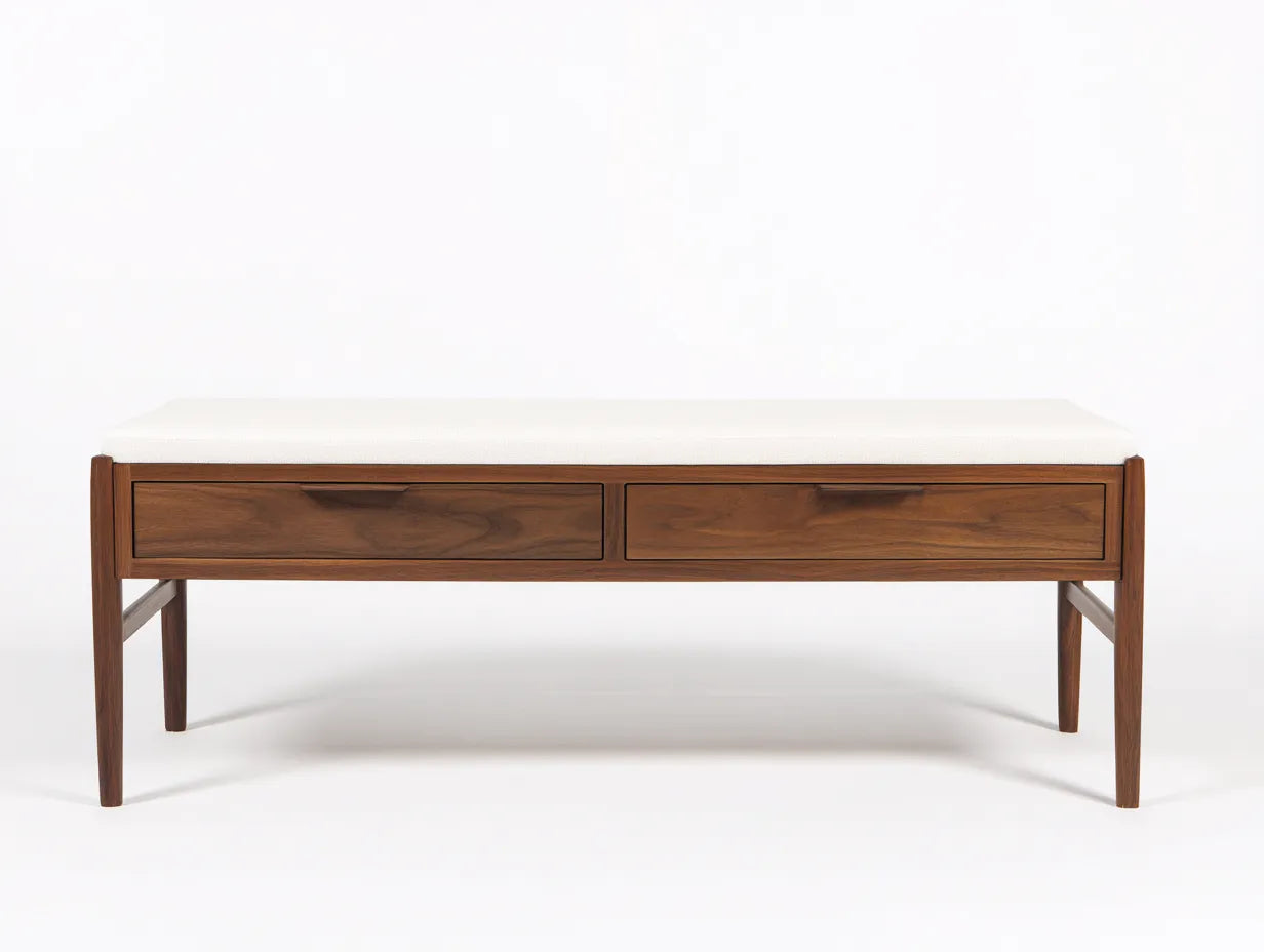 Banco de madera con asiento tapizado y cajones 130x45x52 cm - crema y nogal y negro - almacenaje para dormitorio