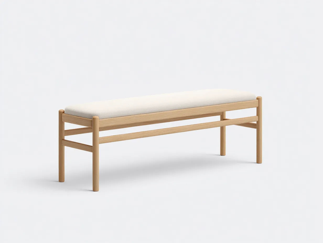 Banco de madera natural con asiento acolchado 145x40x47 cm - crema y madera clara - estilo nórdico para dormitorio