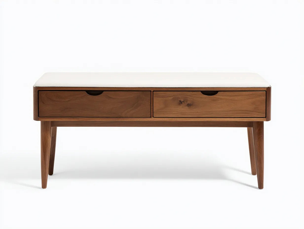 Banco de madera nogal con asiento acolchado 118x42x49 cm - crema y marrón nogal - tiradores rectos para dormitorio